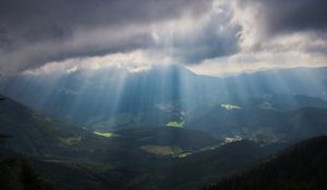 Превью обои горы, туман, долина, альпы, деревья