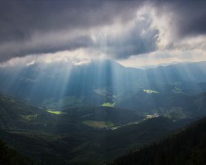 Превью обои горы, туман, долина, альпы, деревья