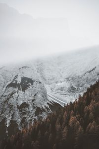 Превью обои горы, туман, лес, снег, снежный