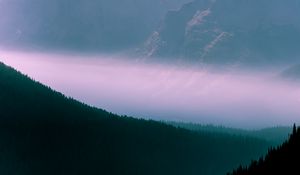 Превью обои горы, туман, небо, очертания, деревья, лес