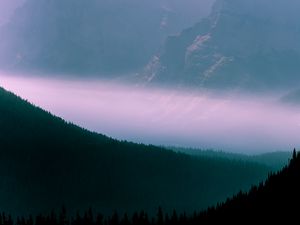 Превью обои горы, туман, небо, очертания, деревья, лес