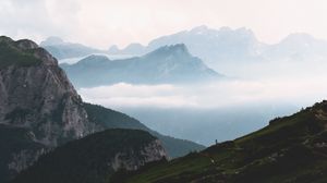 Превью обои горы, туман, небо, пейзаж, даль