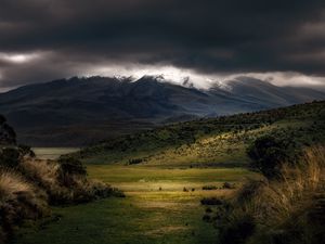 Превью обои горы, туман, облака, вершина, трава, пейзаж