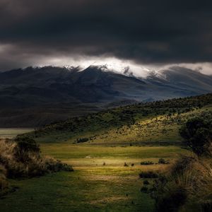 Превью обои горы, туман, облака, вершина, трава, пейзаж