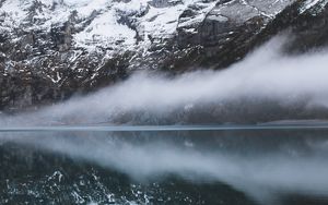 Превью обои горы, туман, отражение, озеро