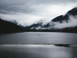 Превью обои горы, туман, озеро, вода, чб