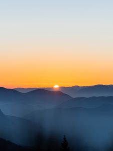 Превью обои горы, туман, рассвет, сумерки, пейзаж