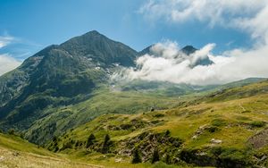 Превью обои горы, туман, трава