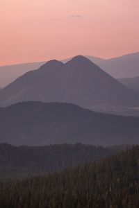 Превью обои горы, вершины, деревья, сумерки