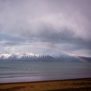 Превью обои горы, вершины, море, радуга, пейзаж