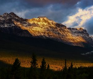 Превью обои горы, вершины, скала, лучи, лес