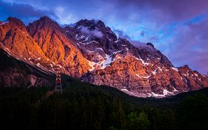 Превью обои горы, вершины, скалы, заснеженный, деревья