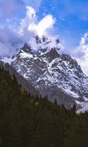 Превью обои горы, вершины, снег, заснеженный, склон, деревья
