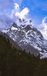 Превью обои горы, вершины, снег, заснеженный, склон, деревья