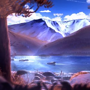 Превью обои горы, ветки, камни, пейзаж, арт