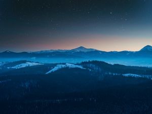 Превью обои горы, вид сверху, звездное небо, ночь, пейзаж