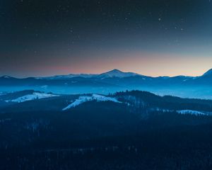 Превью обои горы, вид сверху, звездное небо, ночь, пейзаж