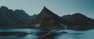 Превью обои горы, вода, дорога, мост, мрак