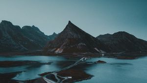 Превью обои горы, вода, дорога, мост, мрак