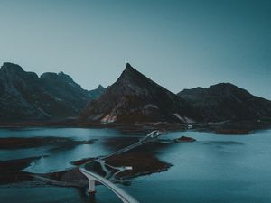 Превью обои горы, вода, дорога, мост, мрак