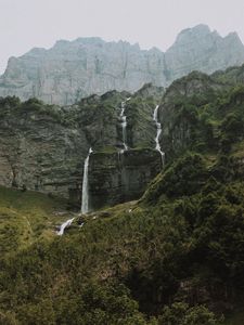 Превью обои горы, водопад, скалы, пейзаж, природа