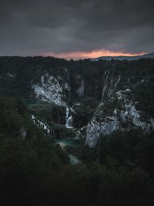 Превью обои горы, водопад, вид сверху, природа, пейзаж