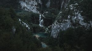 Превью обои горы, водопад, вид сверху, природа, пейзаж