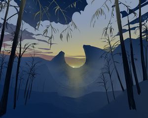 Превью обои горы, закат, арт, пейзаж, солнечные лучи