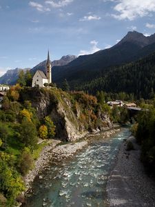 Превью обои горы, здания, река, пейзаж