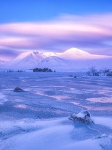Превью обои горы, зима, небо, розовый, снег, голубой, лох-ломонд, раннох-мур, шотландия