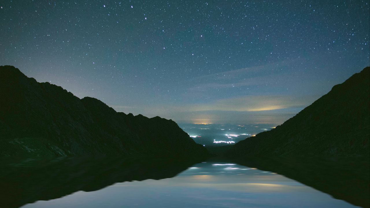 Обои горы, звездное небо, ночь, озеро