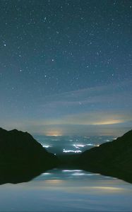 Превью обои горы, звездное небо, ночь, озеро