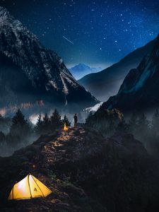 Превью обои горы, звездное небо, одиночество, фотошоп, кемпинг