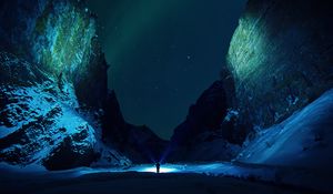 Превью обои горы, звездное небо, снег, льдины, ночь