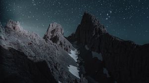 Превью обои горы, звездное небо, вершина, заснеженный, ночь