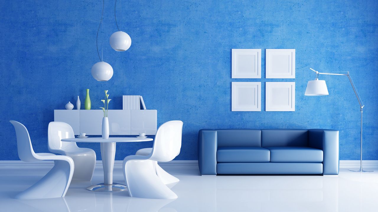 Обои гостиная, мебель, пример, голубой тон, обои