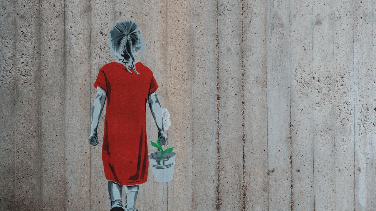 Обои граффити, девочка, цветок, ведро, стена, стрит арт
