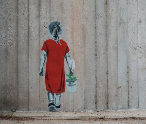 Превью обои граффити, девочка, цветок, ведро, стена, стрит арт