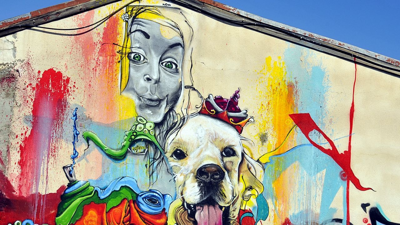Обои граффити, девушка, собака, арт, стрит арт, яркий, разноцветный