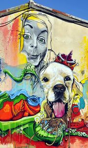 Превью обои граффити, девушка, собака, арт, стрит арт, яркий, разноцветный