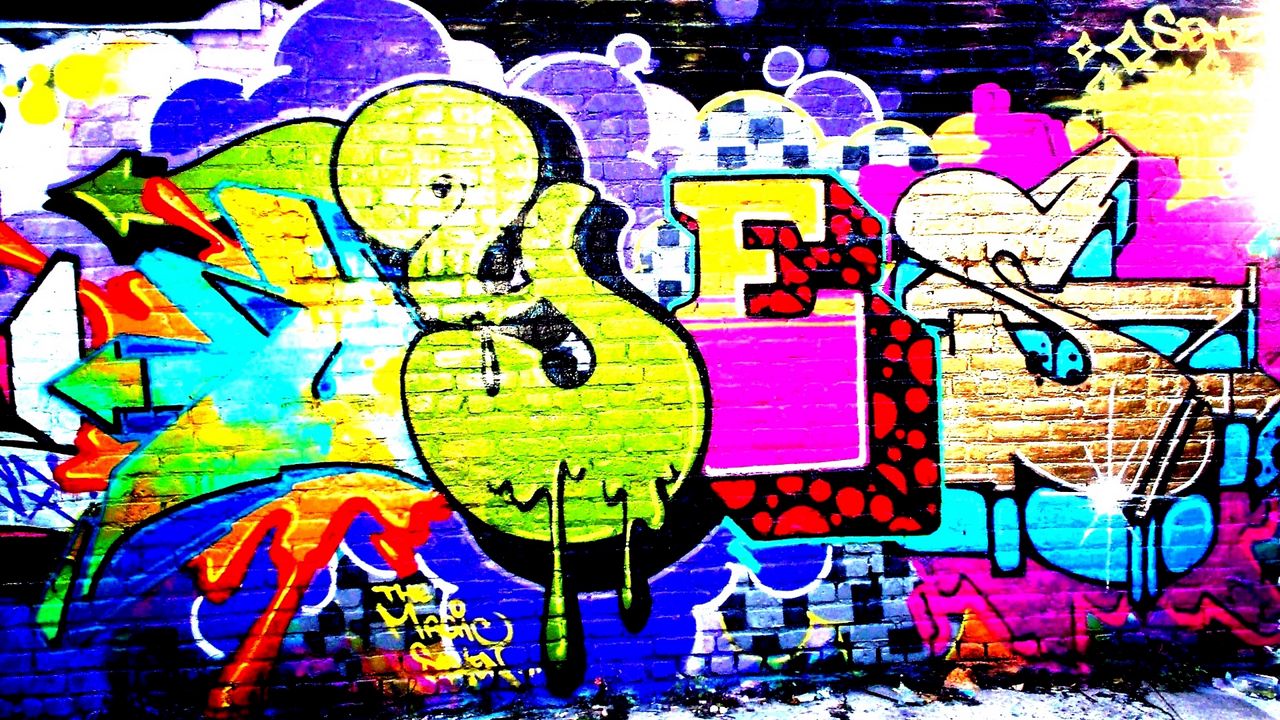 Обои граффити, яркие цвета, разноцветный, стена, кирпичный