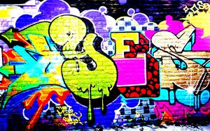 Превью обои граффити, яркие цвета, разноцветный, стена, кирпичный