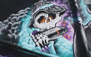 Превью обои граффити, скелет, музыка, шляпа