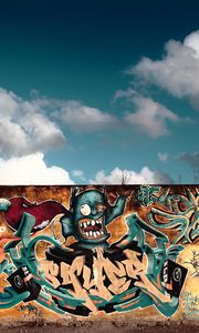 Превью обои граффити, стена, город, красочный, облака, небо