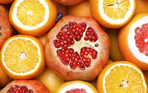 Превью обои гранат, апельсин, грейпфрут, фрукты, цитрус