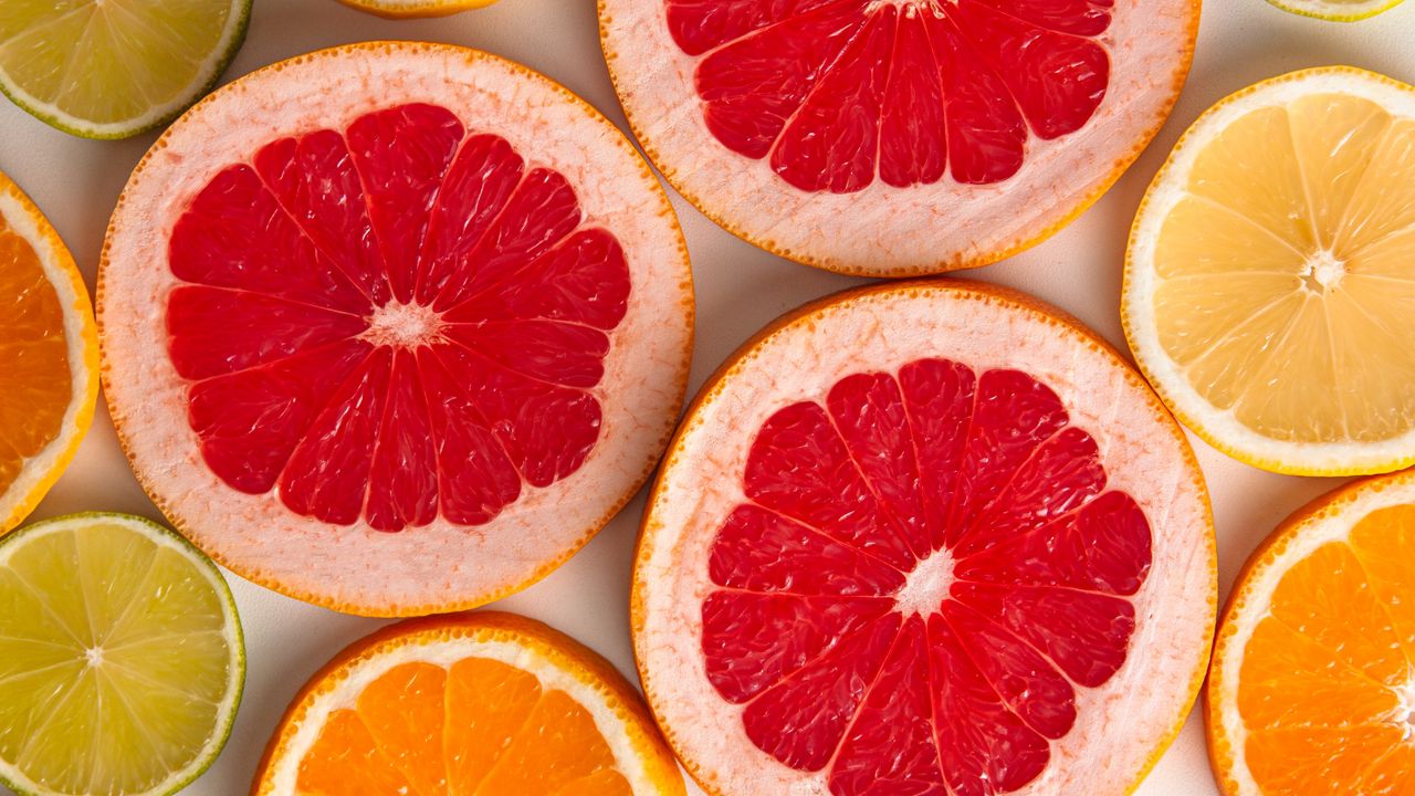 Обои грейпфрут, апельсин, лимон, цитрус, фрукты, дольки