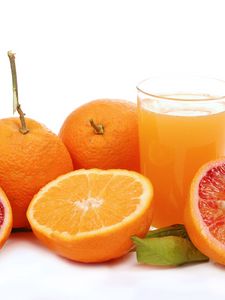 Превью обои грейпфрут, апельсин, сок, стакан, белый фон
