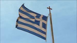 Превью обои греция, флаг, символика, ветер, материал
