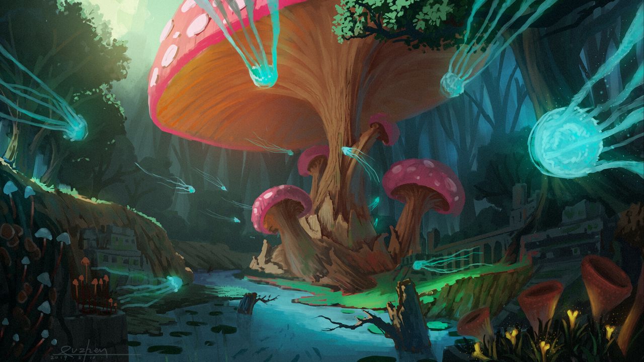 Обои грибы, дерево, медузы, фантастика, арт
