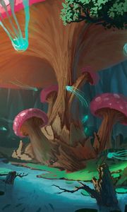 Превью обои грибы, дерево, медузы, фантастика, арт